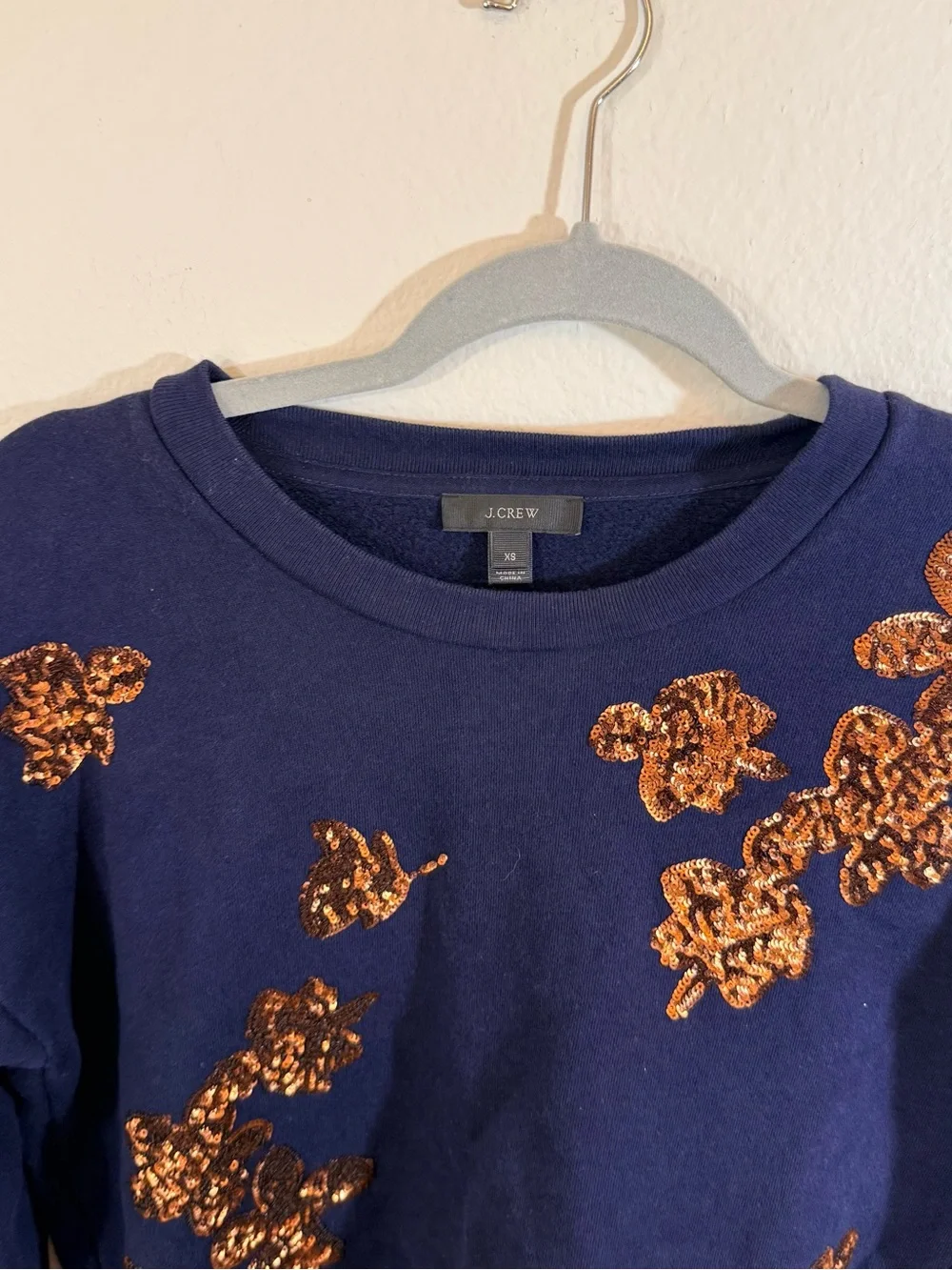 J. CREW Navy Sweatshirt with Gold Sequin Floral Appliqué